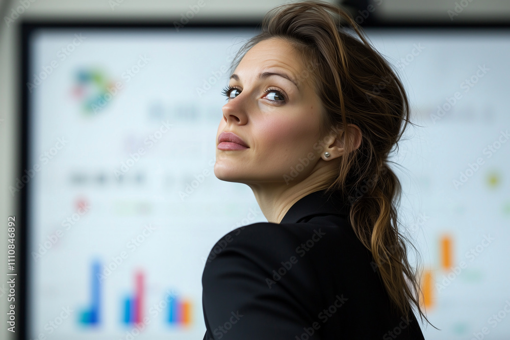 polished female business speaker in black blazer, confidently presenting data in modern office setting. Her expression conveys determination and professionalism polished female business speaker in black blazer, confidently presenting data in modern office setting. Her expression conveys determination and professionalism