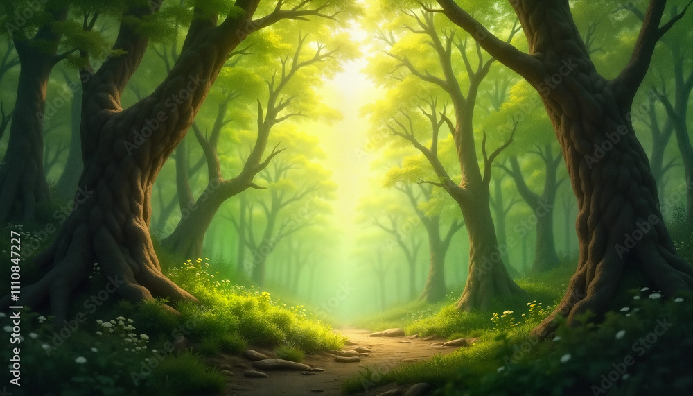 Fototapeta premium Sunlit forest path surrounded by lush green trees