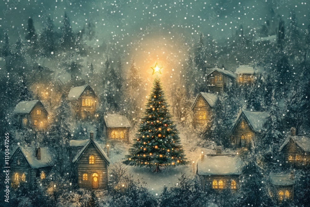 Fototapeta premium Snowy Christmas Village at Night with Illuminated Cabins and a Decorated Xmas Tree Creating a Magical Holiday Atmosphere