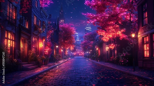 Night street scene with pink trees and warm lights.