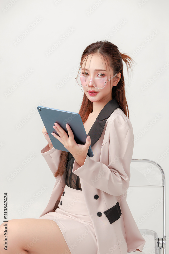 Professional Asian business Woman with Tablet and Glasses in Modern stylish Outfit. Professional Asian business Woman with Tablet and Glasses in Modern stylish Outfit.