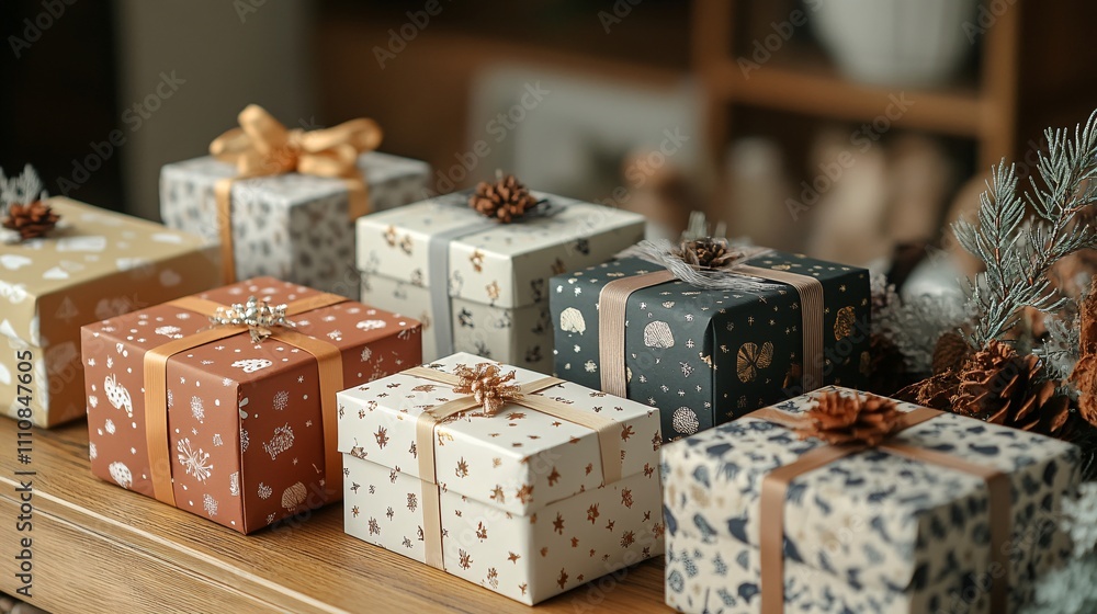 A cozy display of beautifully wrapped gifts adorned with decorative elements, perfect for festive occasions. A cozy display of beautifully wrapped gifts adorned with decorative elements, perfect for festive occasions.
