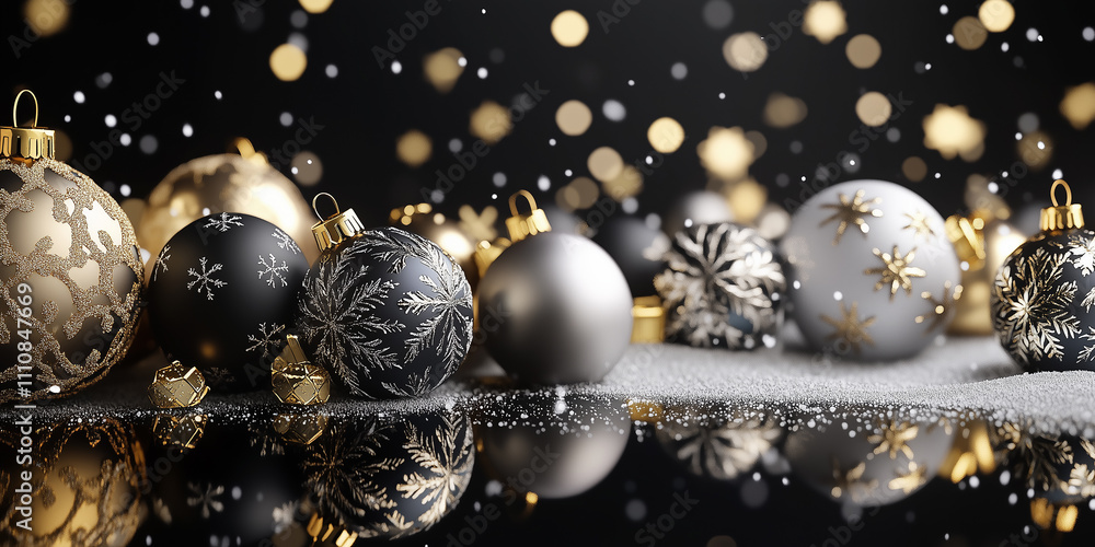 Elegant black christmas background with gold and silver ornaments, glowing lights, and festive decorations, creating a luxurious and magical holiday atmosphere Elegant black christmas background with gold and silver ornaments, glowing lights, and festive decorations, creating a luxurious and magical holiday atmosphere