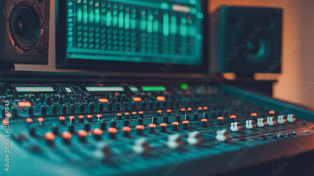 Close-up of a modern audio mixing console in a recording studio, showcasing vibrant lights and detailed controls. Close-up of a modern audio mixing console in a recording studio, showcasing vibrant lights and detailed controls.
