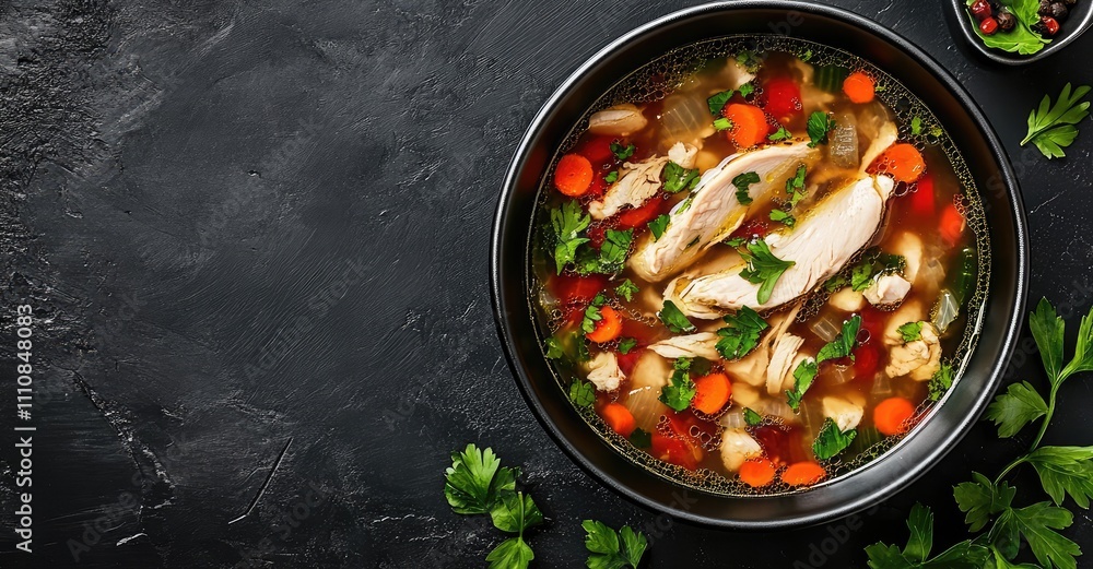 Vegetable Soup with Chicken Fillet. AI generated illustration. Vegetable Soup with Chicken Fillet. AI generated illustration.
