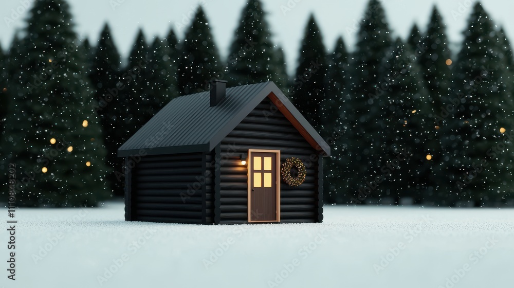 Snowy christmas log cabin in winter forest landscape digital render Snowy christmas log cabin in winter forest landscape digital render