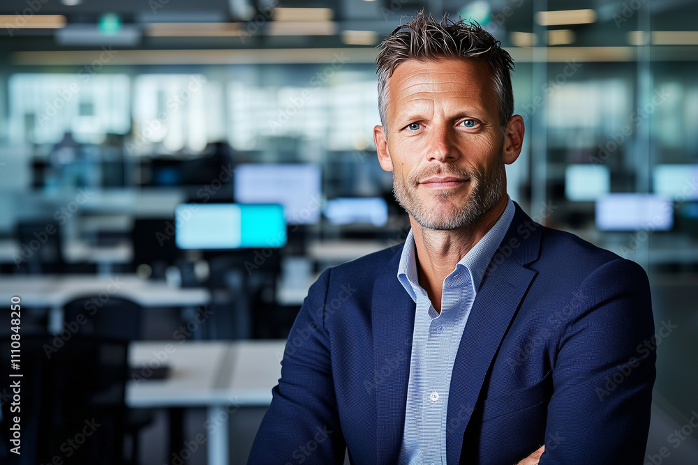 Fototapeta premium sharp business presenter in navy blazer exudes confidence in modern office setting. professional atmosphere is enhanced by sleek workstations and bright lighting