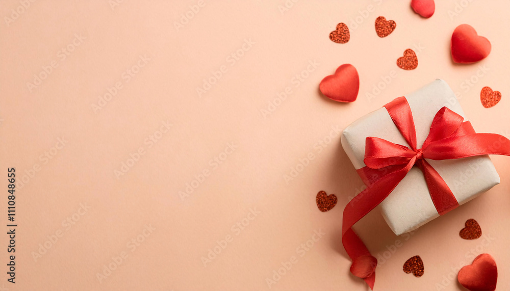 Small wrapped gift with red ribbon surrounded by decorative hearts on a light background ideal for celebrations Small wrapped gift with red ribbon surrounded by decorative hearts on a light background ideal for celebrations