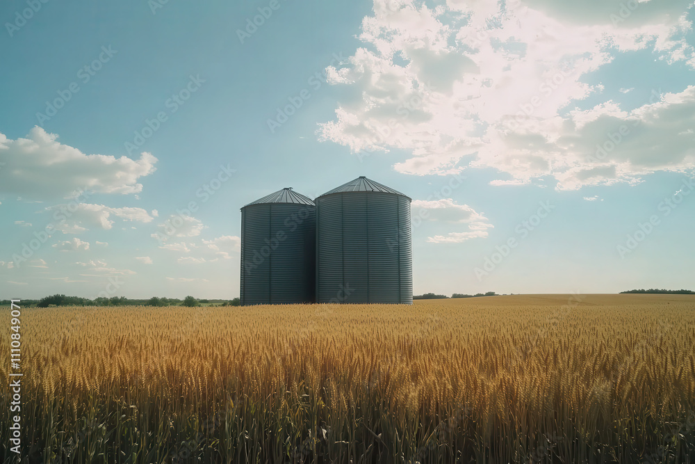 Two silos stand amidst a golden wheat field under a bright blue sky with scattered clouds. Two silos stand amidst a golden wheat field under a bright blue sky with scattered clouds.