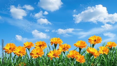 Vibrant marigold flower field blue sky nature scene outdoors landscape