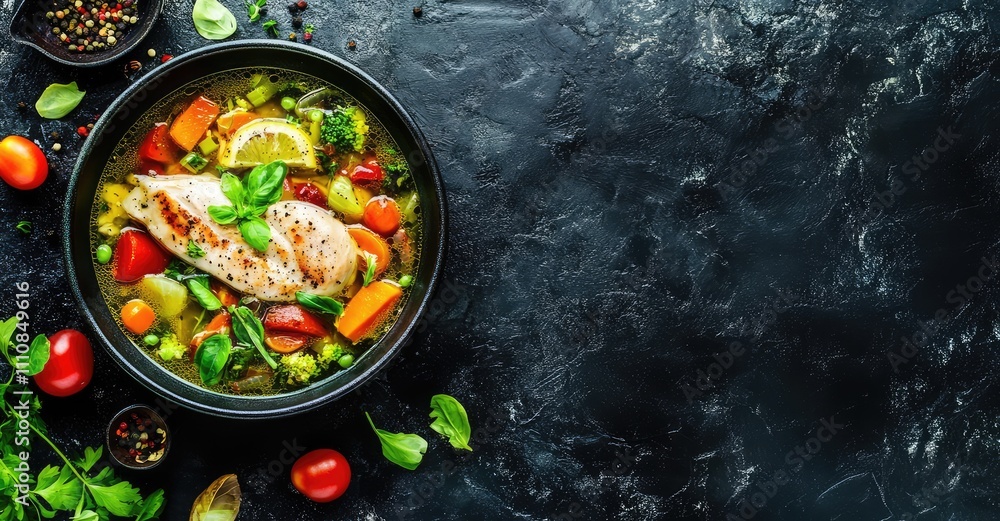 Vegetable Soup with Chicken Fillet. AI generated illustration. Vegetable Soup with Chicken Fillet. AI generated illustration.