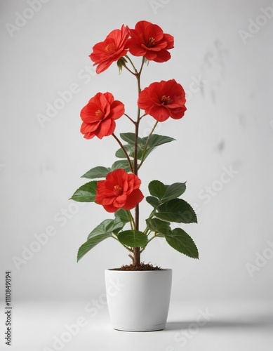 Red begonia plant with a single large flower on a minimalist white background , foliage,