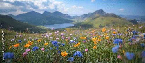 Vibrant wildflowers bloom in a meadow with a lake and mountains in the background.