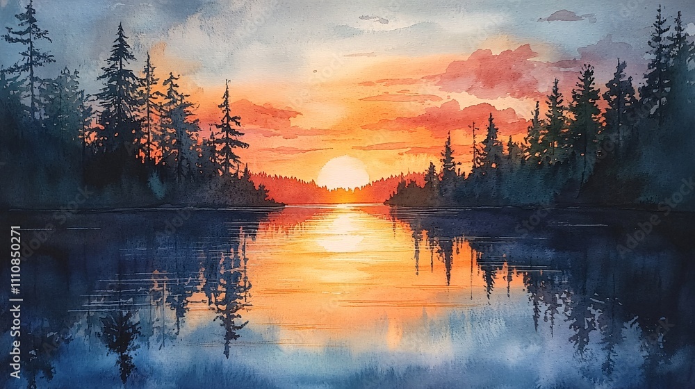 Obraz premium A serene sunset over a calm lake, surrounded by tall trees, reflecting vibrant colors in the water, creating a tranquil, picturesque scene.