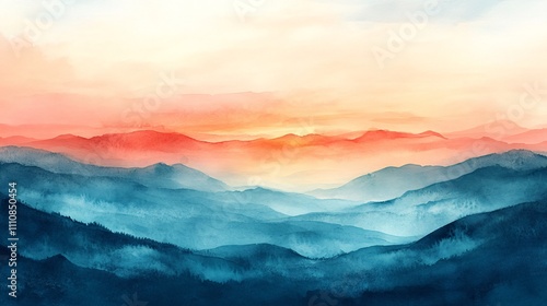 A serene watercolor landscape depicting rolling hills and a vibrant sunset with hues of orange, blue, and soft pastels.