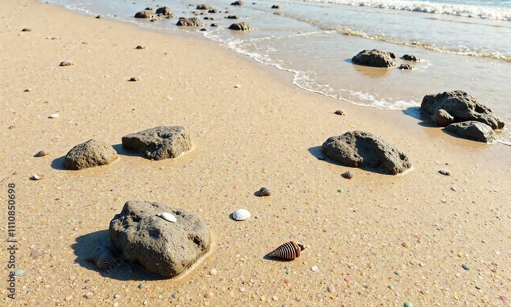 Sandy beach at low tide with exposed rocks and shells , exposed rocks, low tide, sand and pebbles Sandy beach at low tide with exposed rocks and shells , exposed rocks, low tide, sand and pebbles