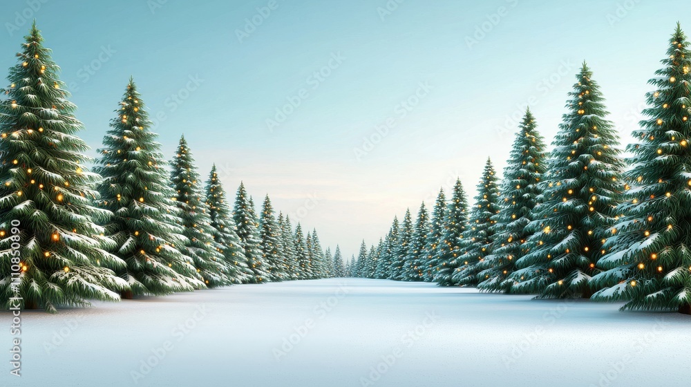 Festive fir tree forest with christmas lights in a snowy landscape Festive fir tree forest with christmas lights in a snowy landscape