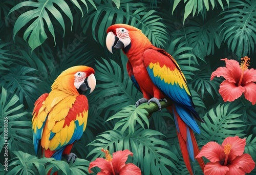 Tropical exotic pattern with animal and flowers in bright colors and lush vegetationn
