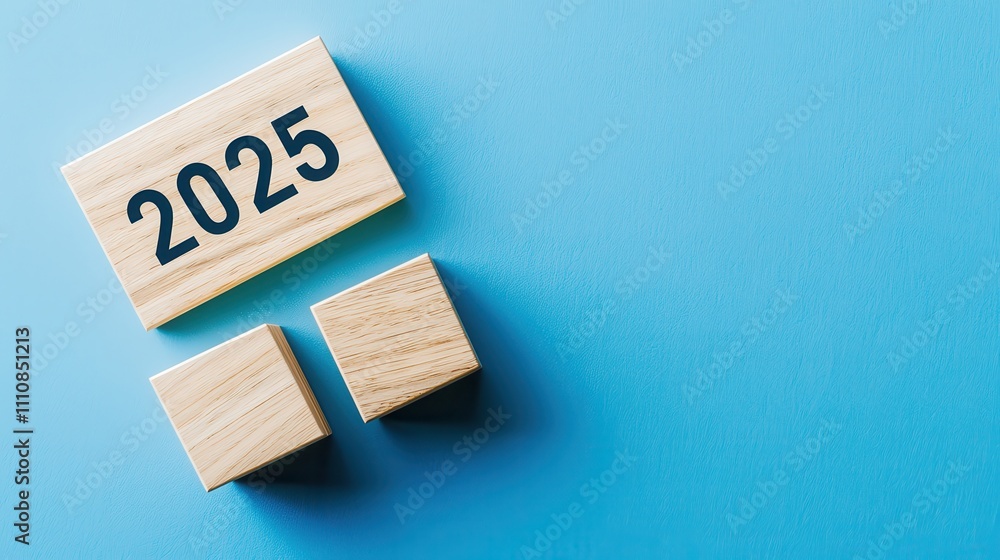 New year celebration 2025 with wooden cubes on blue background New year celebration 2025 with wooden cubes on blue background