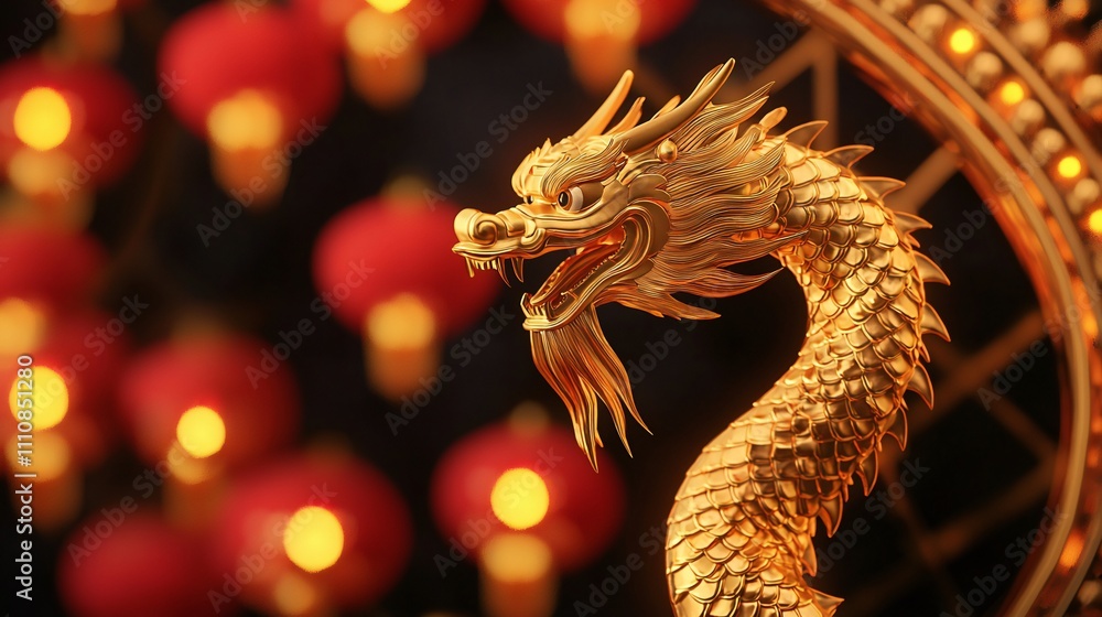 Obraz premium Golden Dragon Statue Chinese New Year Lanterns Festive Decor