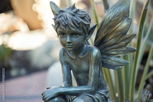 Bronze Garden Statue of a Pensive Young Fairy photo