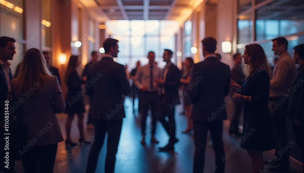 A vibrant networking event with business professionals engaging in conversation, blurred figures creating a sense of motion and activity A vibrant networking event with business professionals engaging in conversation, blurred figures creating a sense of motion and activity