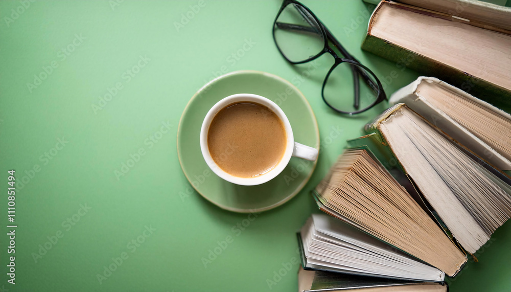 Naklejka premium Cozy library setting featuring a stack of books, a steaming coffee cup, and reading glasses on a green surface during a quiet afternoon