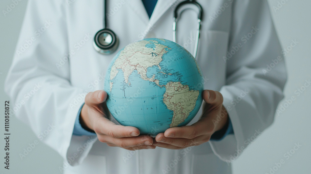 Doctor in white coat holding globe, symbolizing global healthcare and medical care worldwide. Doctor in white coat holding globe, symbolizing global healthcare and medical care worldwide.