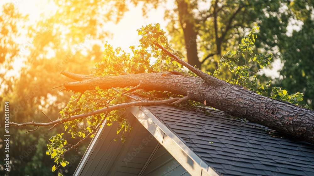Fallen tree on a house roof after a storm, symbolizing natural disaster damage and recovery challenges Fallen tree on a house roof after a storm, symbolizing natural disaster damage and recovery challenges