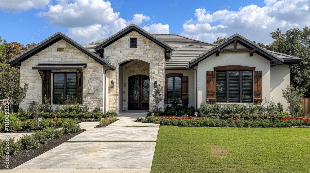 A beautiful modern home with outside shutters and roller blinds on the windows, perfect for controlling light and enhancing curb appeal. A beautiful modern home with outside shutters and roller blinds on the windows, perfect for controlling light and enhancing curb appeal.