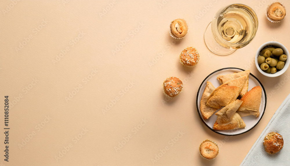 Midnight snacks featuring a variety of appetizers, olives, and a champagne flute on a soft beige background Midnight snacks featuring a variety of appetizers, olives, and a champagne flute on a soft beige background