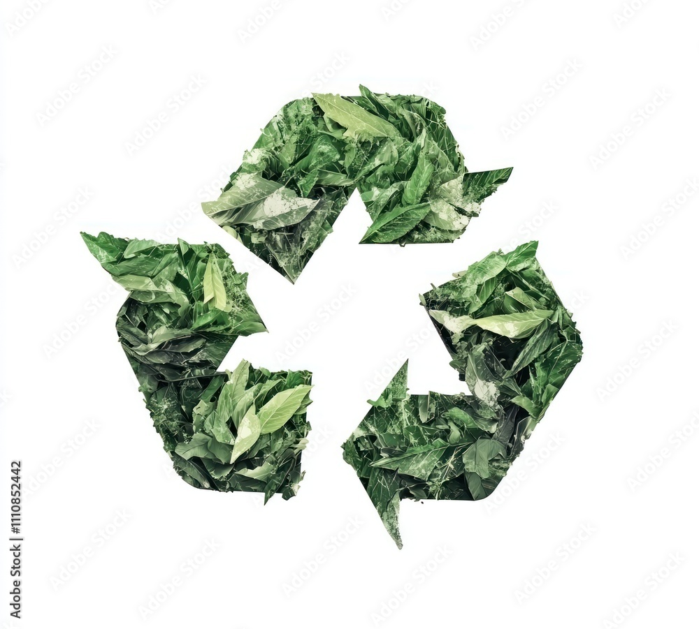 Here's a description and keywords for your image.. Green leaves forming a recycle symbol on white background. Here's a description and keywords for your image.. Green leaves forming a recycle symbol on white background.