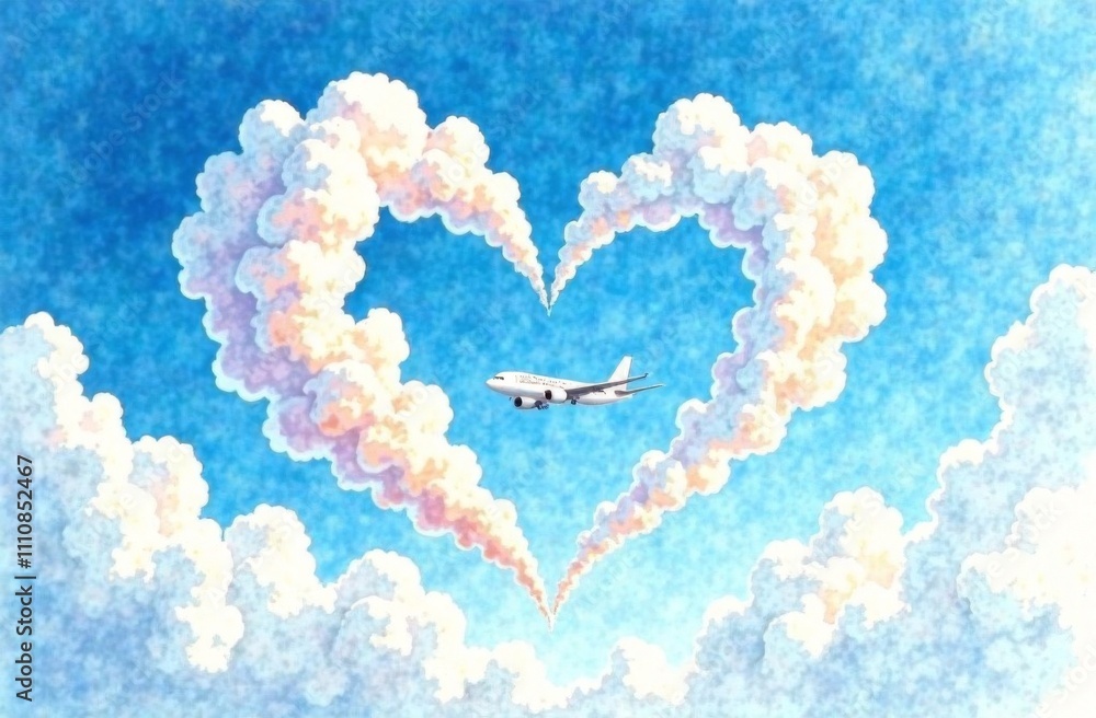 Curly clouds in the blue sky, a plane flying nearby. Concept of people's love, love of the sky Curly clouds in the blue sky, a plane flying nearby. Concept of people's love, love of the sky