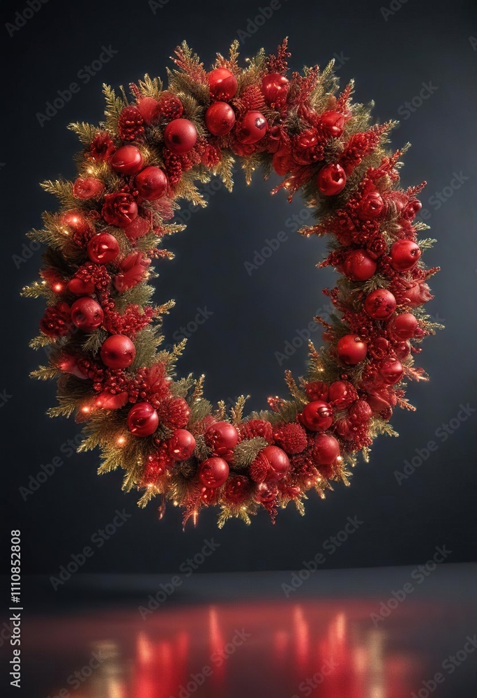 Sparkling Lights on a Classic Red Christmas Wreath, winter wonderland scene, berries