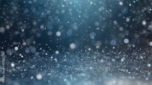 Artistic winter snowfall bokeh background with sparkle. Silver and soft blue colored blurry Christmas and New Year greeting card illustration background Generative AI