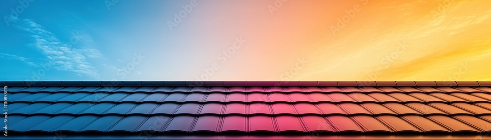 Fototapeta premium A vibrant sunset casts colorful hues over a tiled roof, blending warm oranges and cool blues in a serene evening sky.