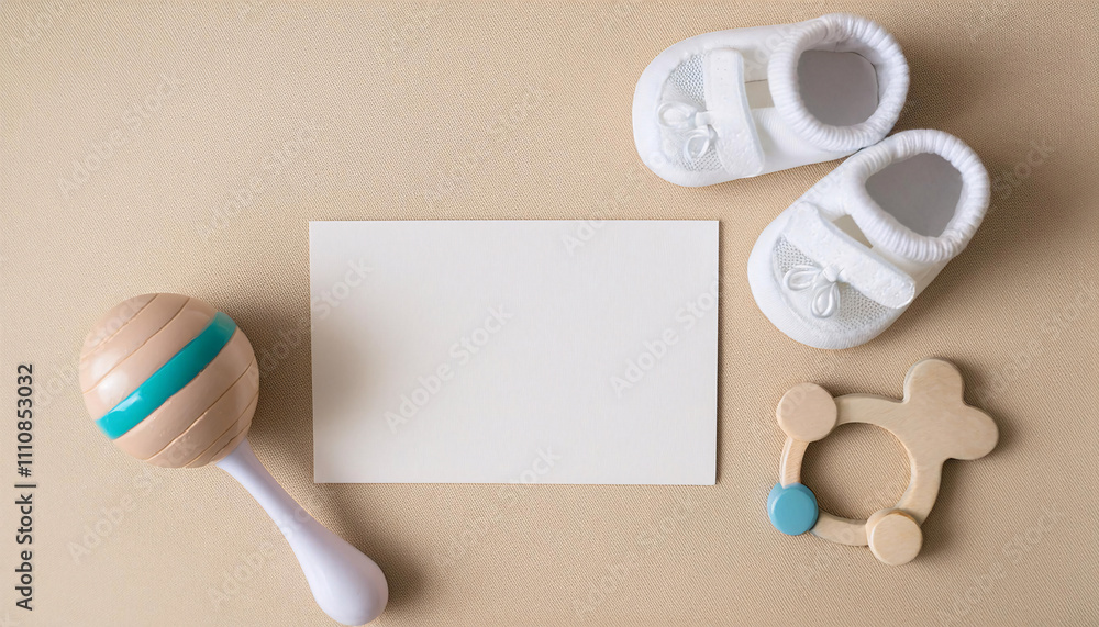 Celebrating new beginnings with baby booties, a footprint card, and cheerful toys on a soft surface Celebrating new beginnings with baby booties, a footprint card, and cheerful toys on a soft surface