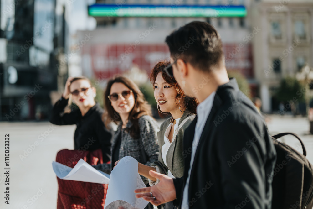 A group of four business people conversing outside in an urban environment. They appear engaged and collaborative, possibly discussing business plans or a project. The sunny setting suggests a A group of four business people conversing outside in an urban environment. They appear engaged and collaborative, possibly discussing business plans or a project. The sunny setting suggests a