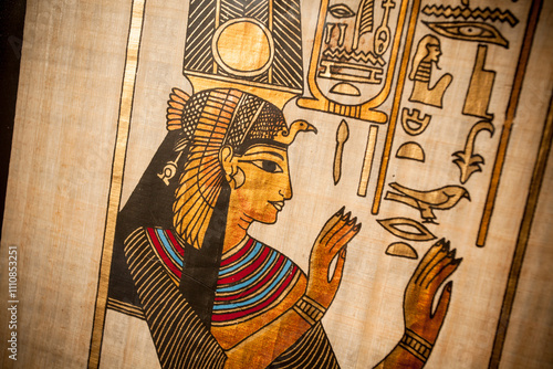 Artistic reproduction of ancient egyptian art on real papyrus