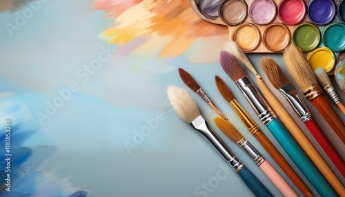 Aesthetic background adorned with an array of paint brushes and a palette of different color