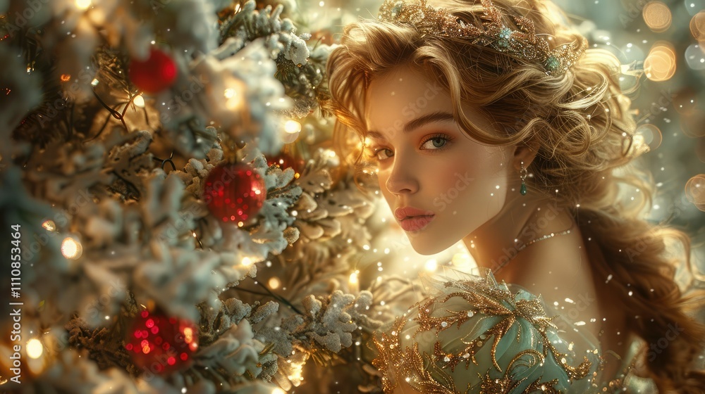 A young woman in an ornate dress poses beside a beautifully decorated Christmas tree. A young woman in an ornate dress poses beside a beautifully decorated Christmas tree.