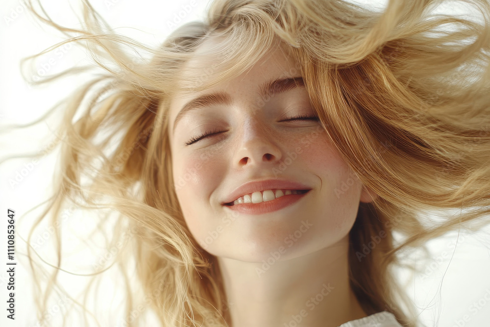 A joyful young woman with flowing hair, smiling with eyes closed, exuding happiness. A joyful young woman with flowing hair, smiling with eyes closed, exuding happiness.