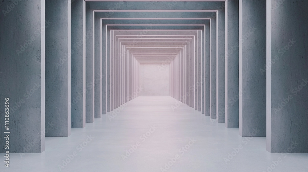 Obraz premium Futuristic corridor with symmetrical concrete pillars leading to a bright opening, evoking a modern architectural design.