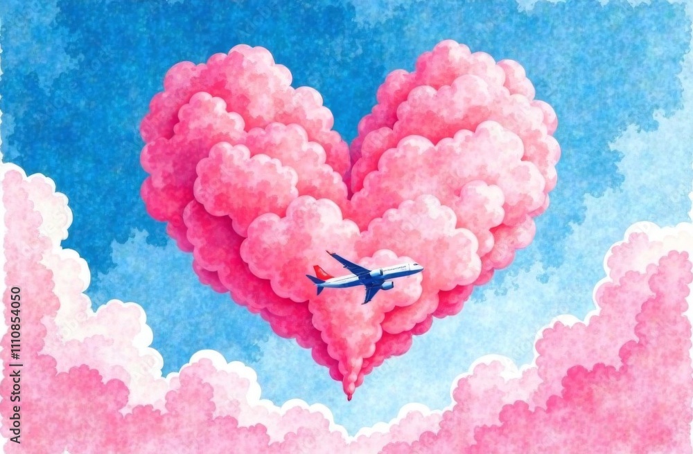 Curly clouds in the blue sky, a plane flying nearby. Concept of people's love, love of the sky Curly clouds in the blue sky, a plane flying nearby. Concept of people's love, love of the sky