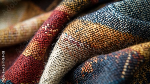 A close-up of colorful, textured fabric showcasing intricate patterns and rich hues, highlighting the details of woven textile art.