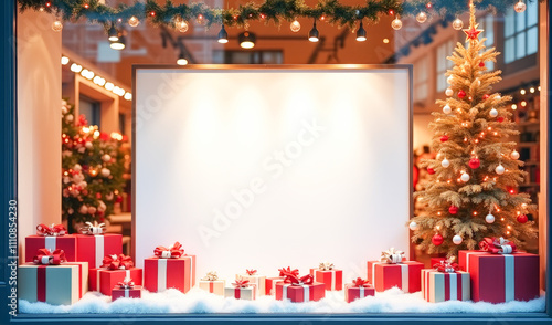 an empty white sign on the shop window with Christmas gifts , Eve