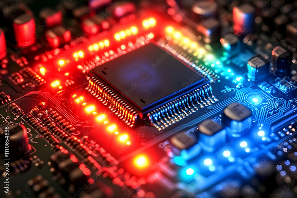 Illuminated microchip on circuit board. Illuminated microchip on circuit board.
