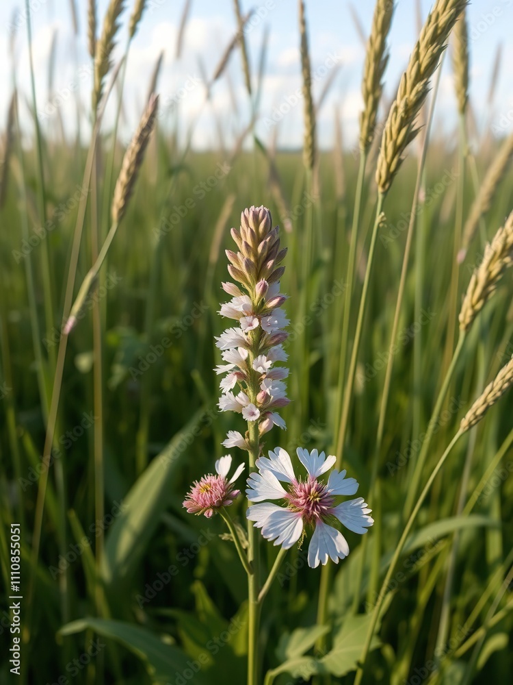 Trifolium pratense in full bloom among tall grasses, meadow flowers, wildflowers Trifolium pratense in full bloom among tall grasses, meadow flowers, wildflowers