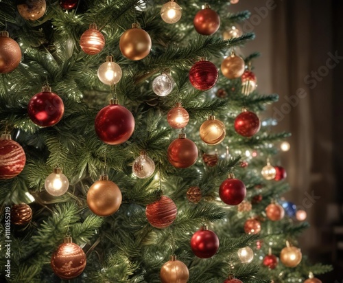 Twinkling Lights and Ornaments on a Christmas Tree , shining lights, celebratory atmosphere