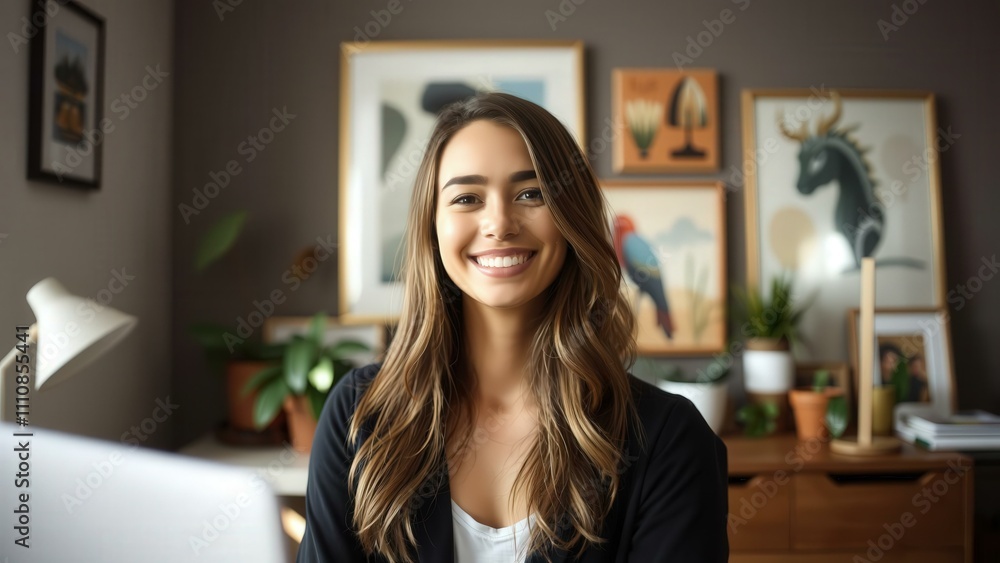 Smiling Young Woman in Home Office Setting, Perfect for Business, Marketing, and Lifestyle Stock Photography Smiling Young Woman in Home Office Setting, Perfect for Business, Marketing, and Lifestyle Stock Photography